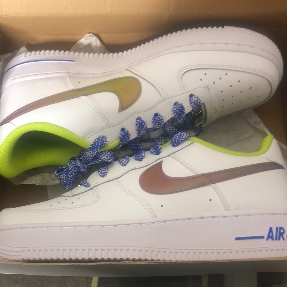 Nike Air Force one white /multi colored medium blue sneakers size 6y​ - Picture 2 of 11